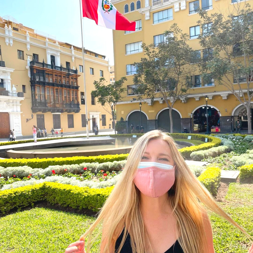 Wearing double mask while touring Lima. September 2021. Photo by @thehappytravelgirl